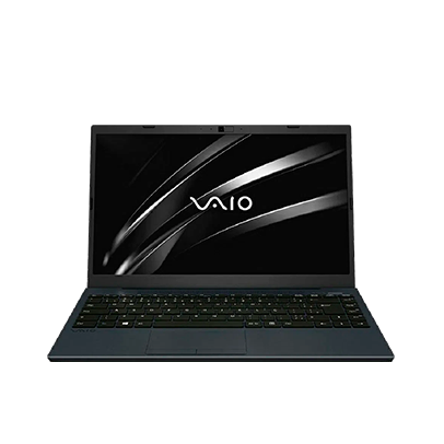 Imagem de um notebook preto com a marca Vaio na tela