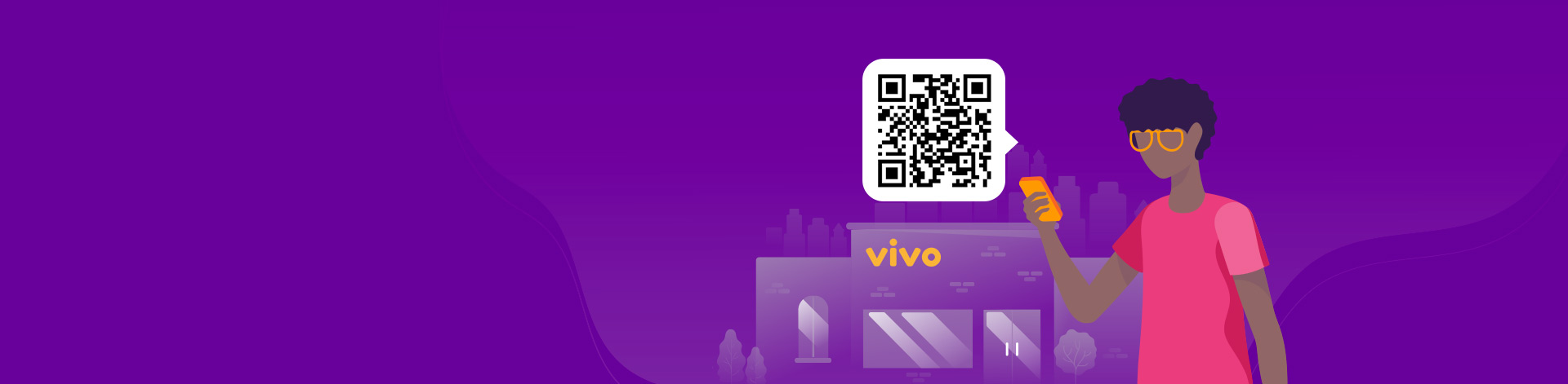 Ilustração de um jovem usando um smartphone.  Ao lado, um QR code e em segundo plano, a loja da Vivo