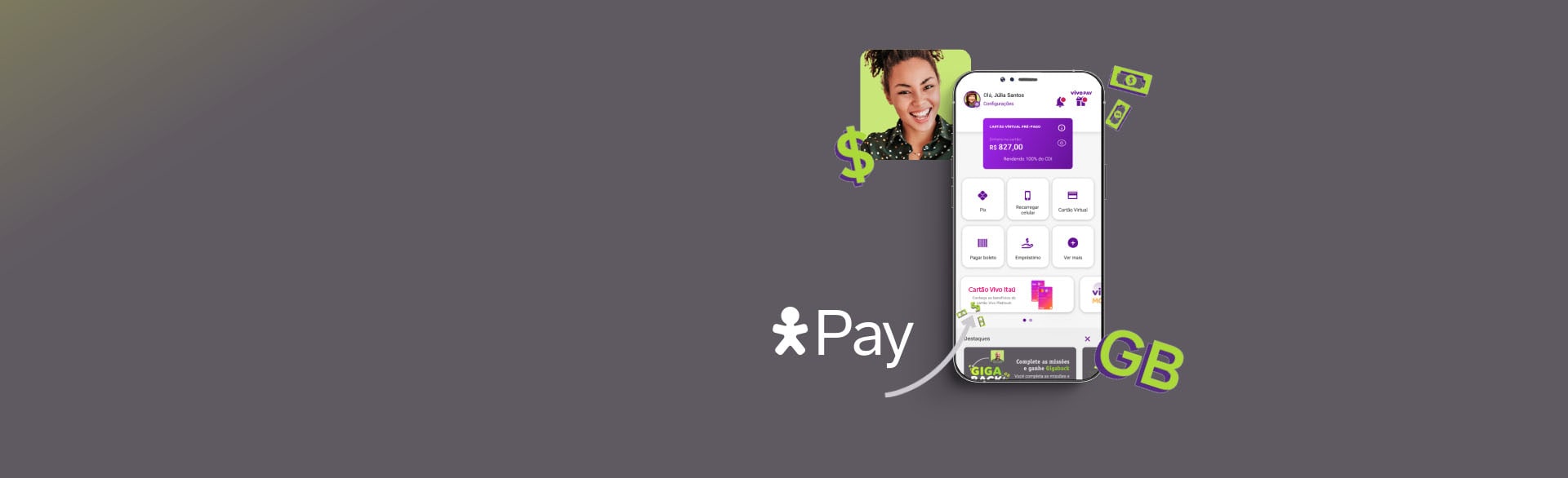 Imagem de um celular com a tela do Vivo Pay exibida, ao lado uma imagem de uma mulher e o logo