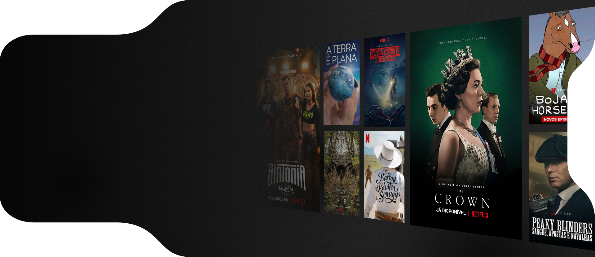 Mosaico de pôsteres das séries originais da Netflix, como The Witcher e The Crown.