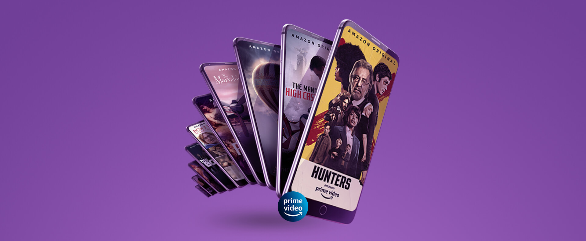 Imagem ilustrativa do app Amazon Prime Video com um leque de smartphones exibindo diferentes séries.