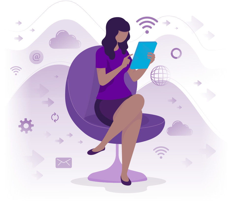 Ilustração de uma mulher sentada em uma poltrona mexendo em um tablet.