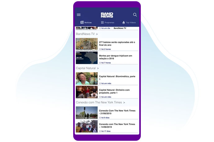 Printscreen da tela logada do app Band News.