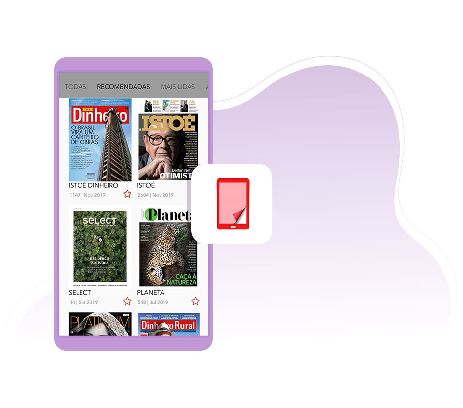 Imagem ilustrativa de um celular com capas de revistas digitalizadas.