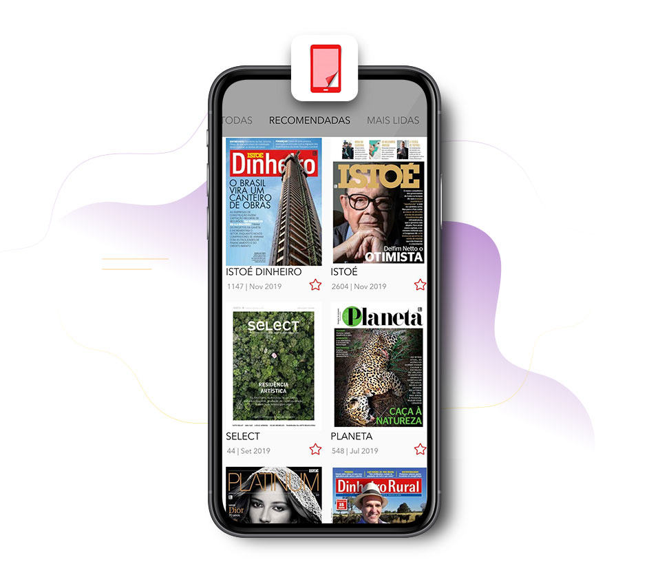 Imagem com montagem de capas de revistas digitalizadas em um celular.