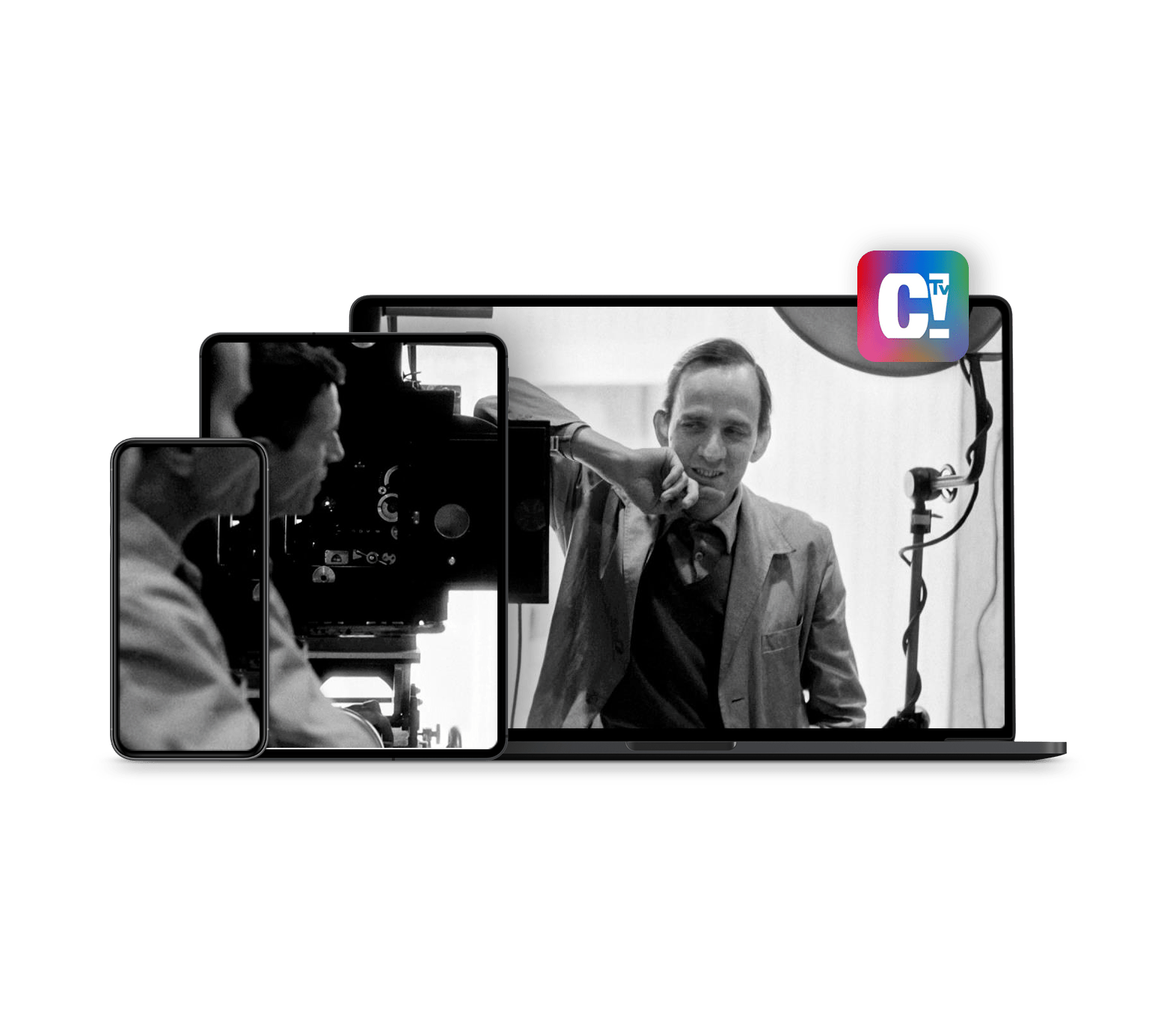 Montagem com a foto de dois homens conversando aparecendo em 3 telas, computador, tablet e celular.