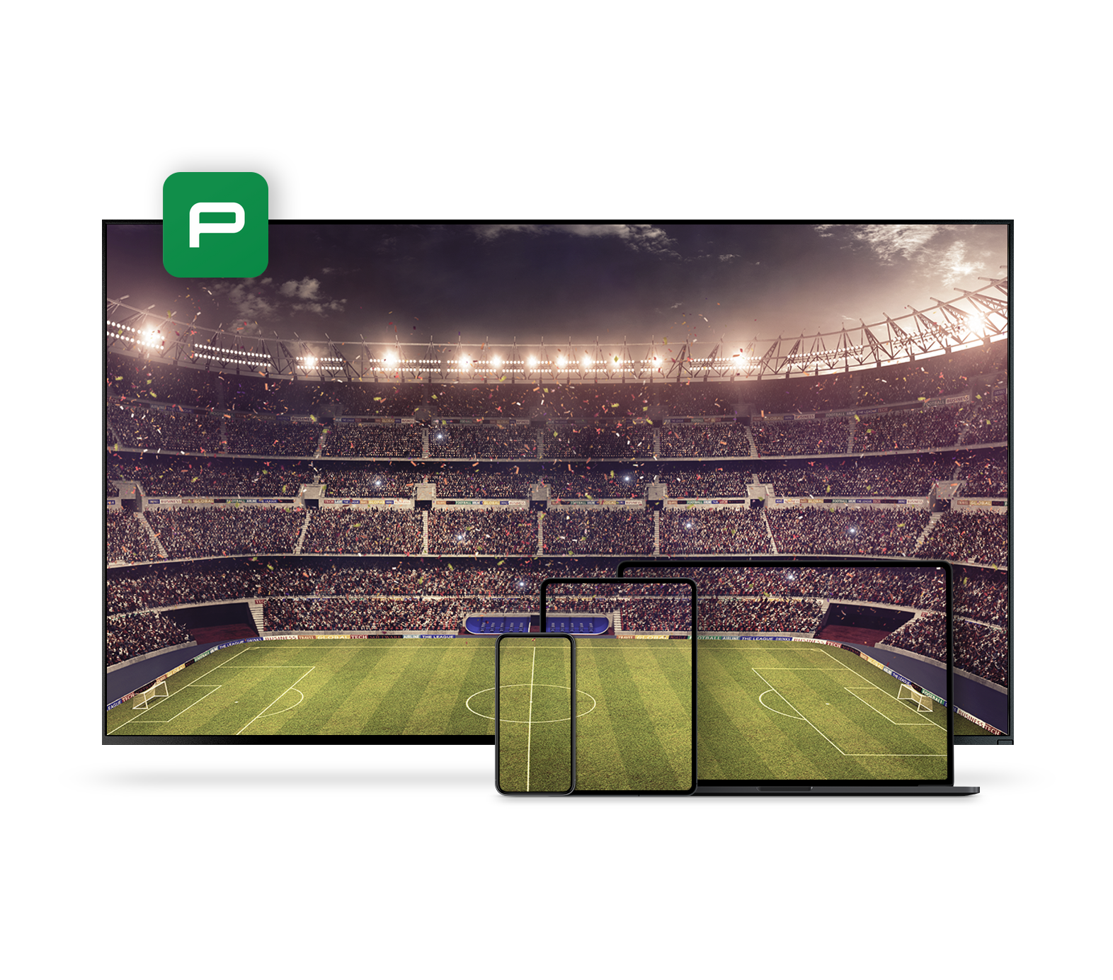 Montagem com a foto de um campo de futebol aparecendo em 4 telas, tv, tablet, computador e celular.