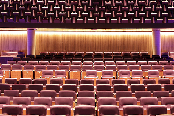 Imagem das poltronas da sala de espetáculo do Teatro Vivo a partir do ponto de vista do palco.