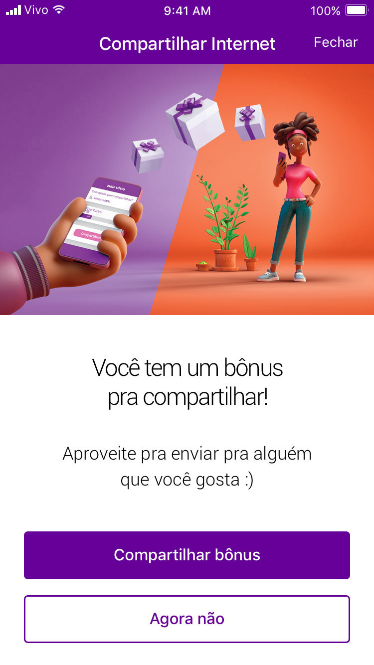 Captura de tela da seção Compartilhar internet exibindo os bônus disponíveis.