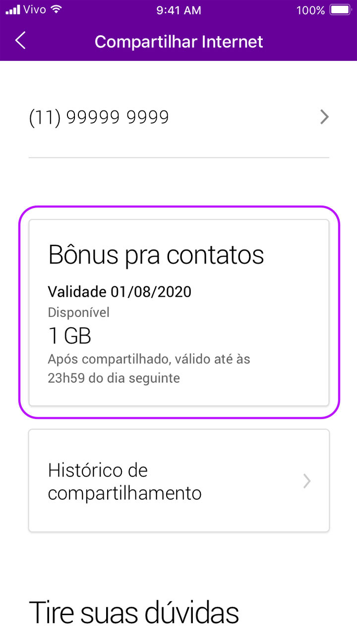 Captura de tela da seção Compartilhar internet indicando clique no card Bônus para contatos.