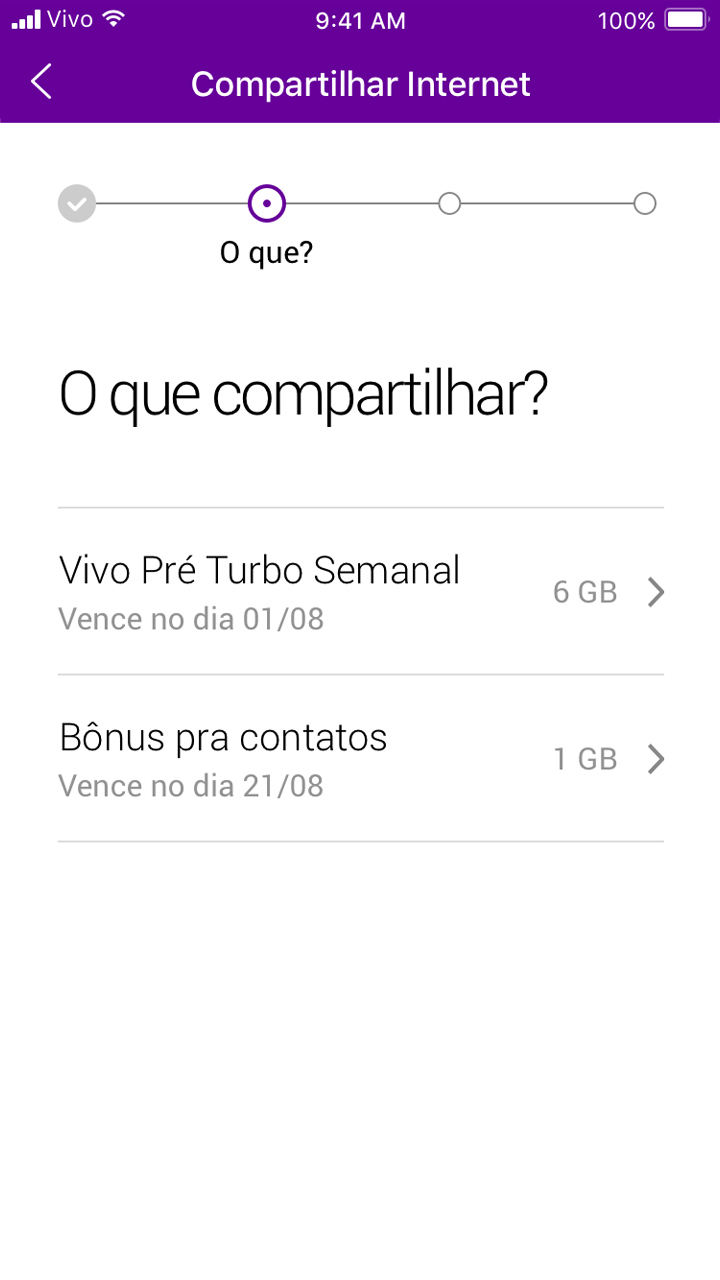 Captura de tela da etapa O que compartilhar dentro da área Compartilhar internet.