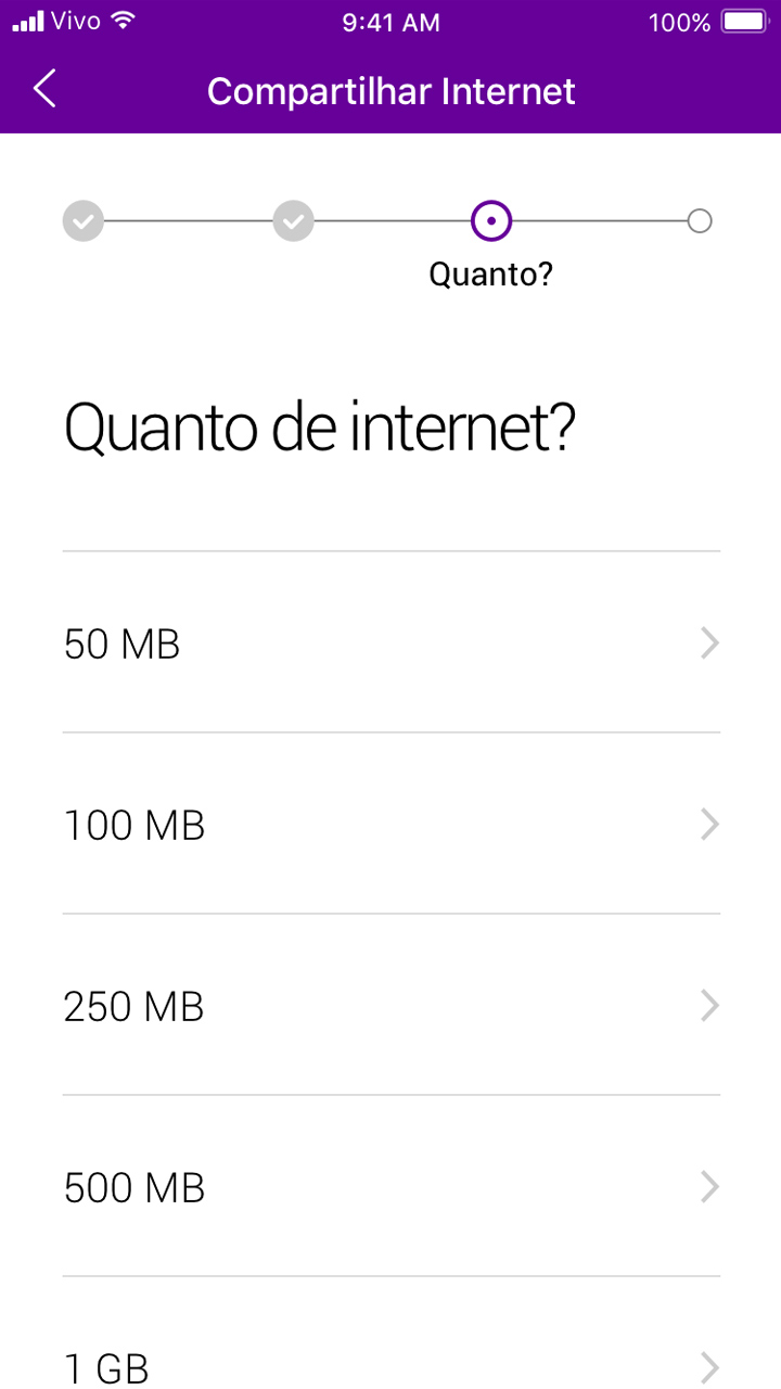 Captura de tela da etapa Quanto de internet dentro da área Compartilhar internet.
