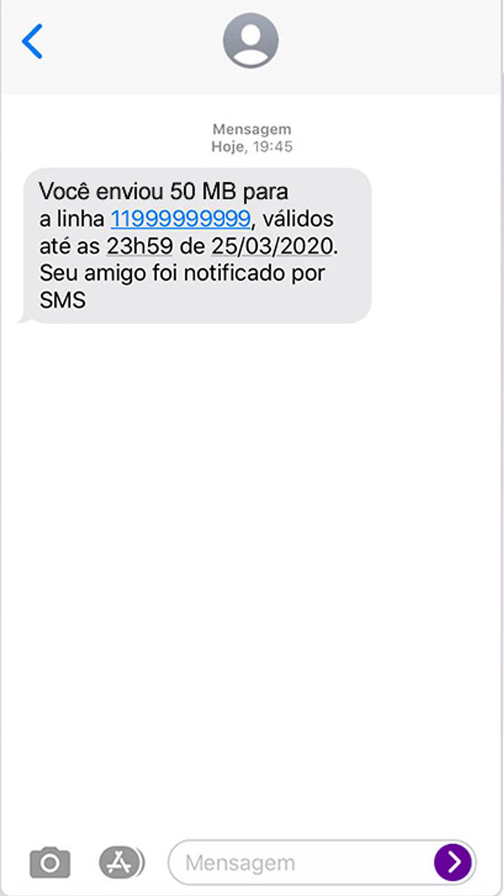 Captura da tela de mensagens do telefone, com sms de sucesso do envio de internet.