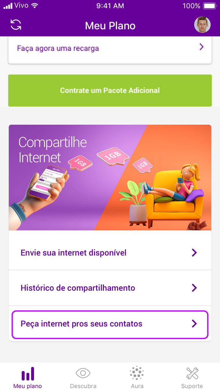 Captura de tela da seção Meu plano indicando clique em Peça internet pros seus contatos.