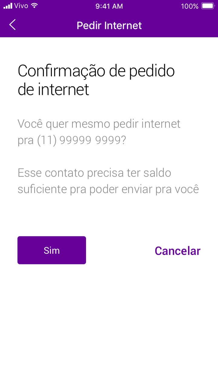 Captura da tela de confirmação de pedido de internet.