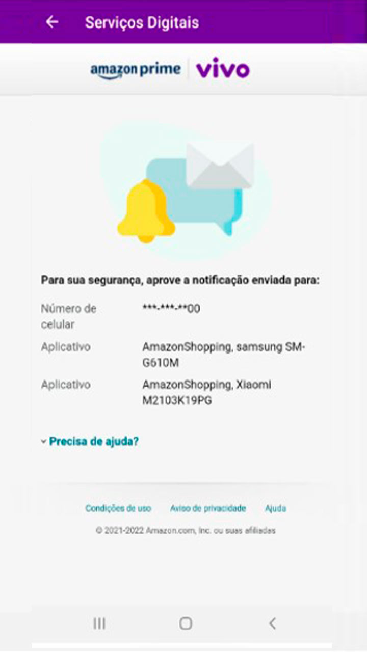 Captura de tela da seção Serviços Digitais com dados do aparelho onde foi enviada a notificação.