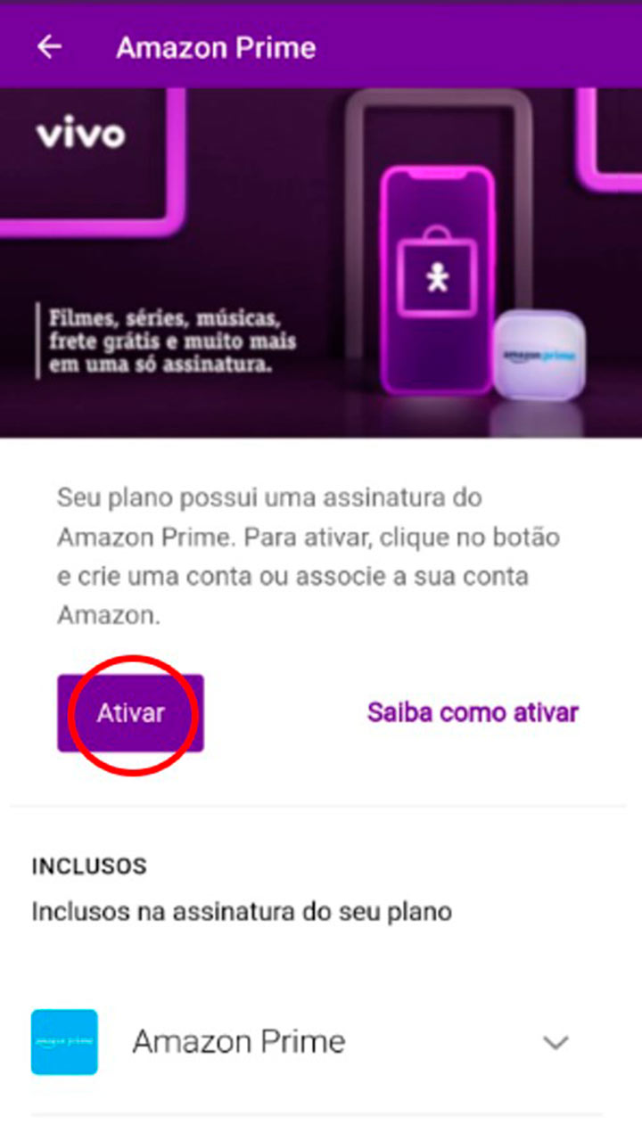 Captura de tela da seção Amazon Prime indicando clique em Ativar.
