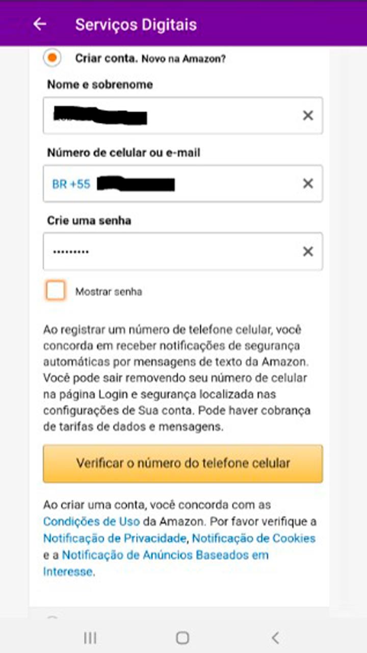 Captura de tela da seção Serviços Digitais para cadastro de nova conta Amazon Prime. 