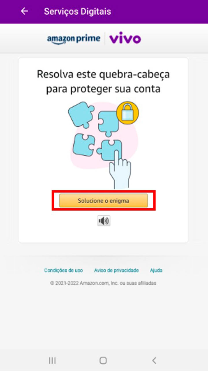 Captura de tela da seção Serviços Digitais indicando clique no botão Solucione o enigma.