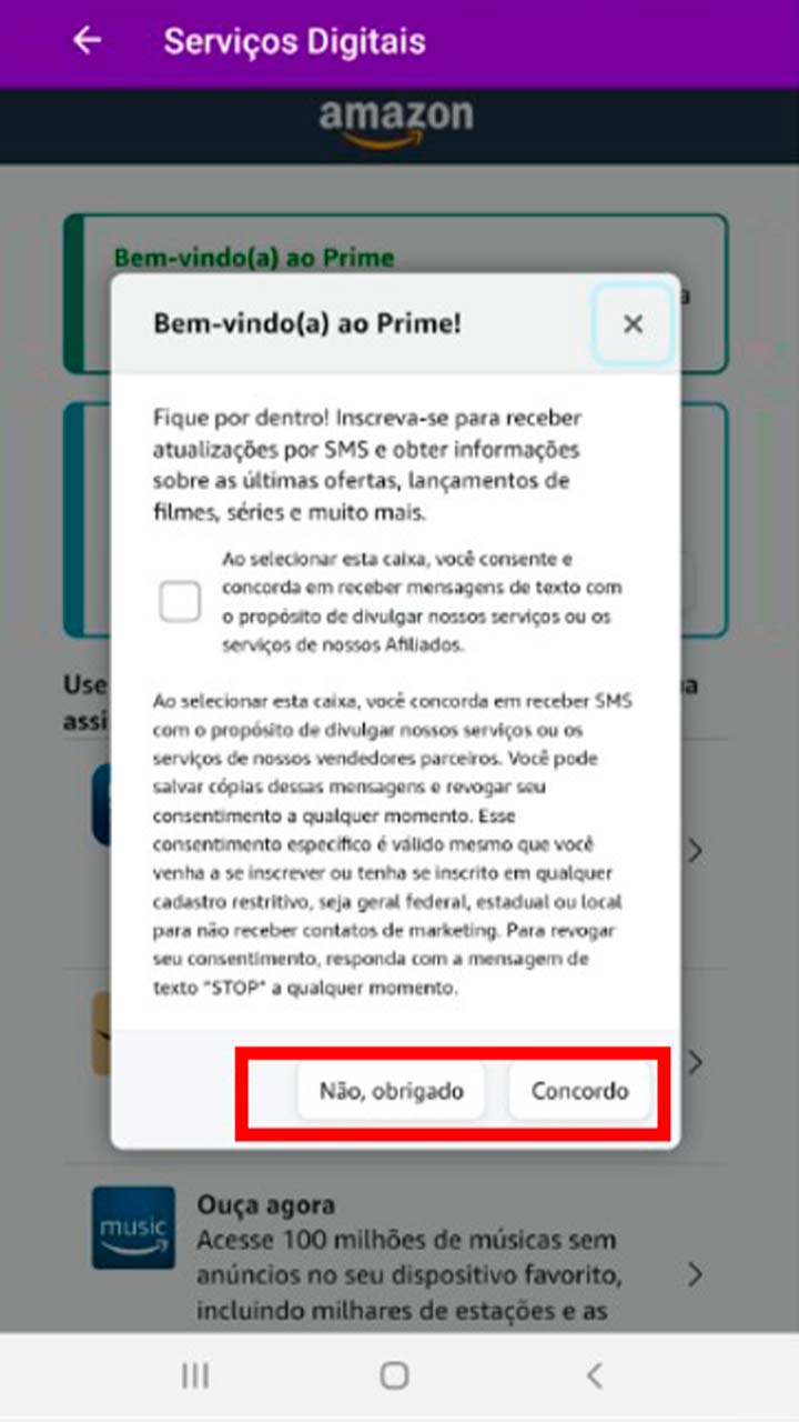Captura de tela da seção Serviços Digitais com os termos de uso, indicando clique em Concordo ou Não Concordo.