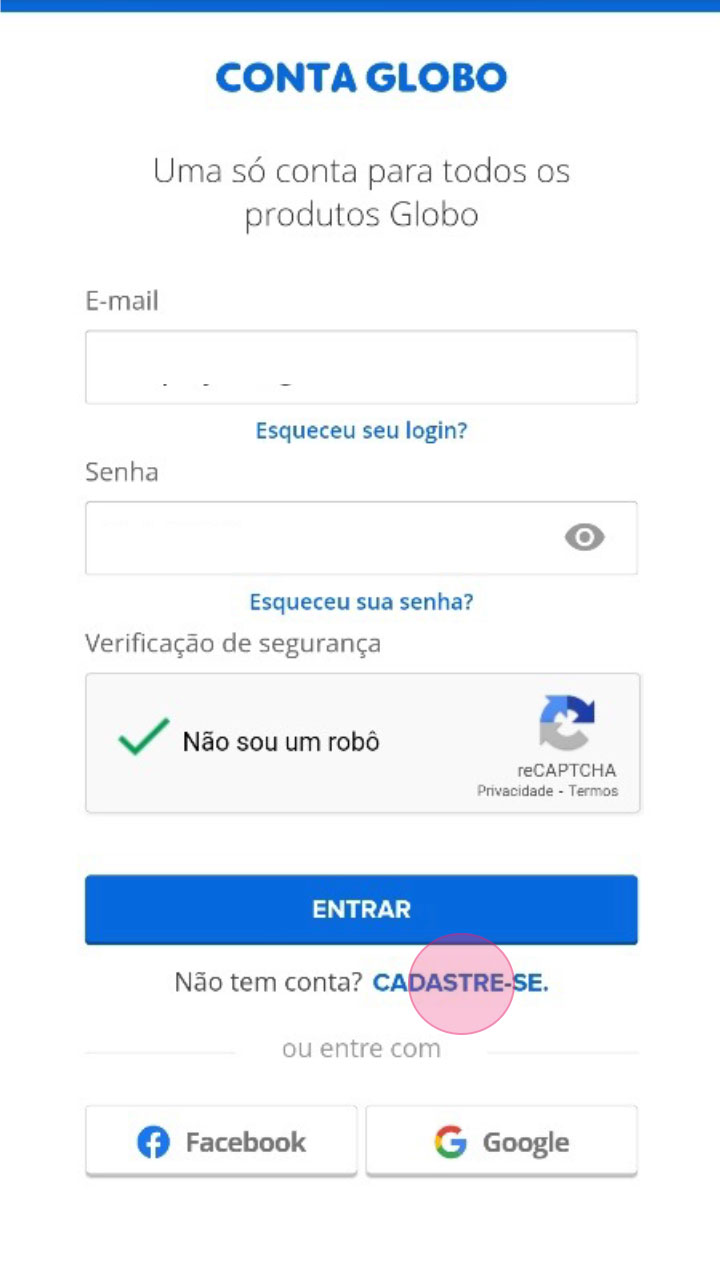Captura de tela de login na conta Globo
