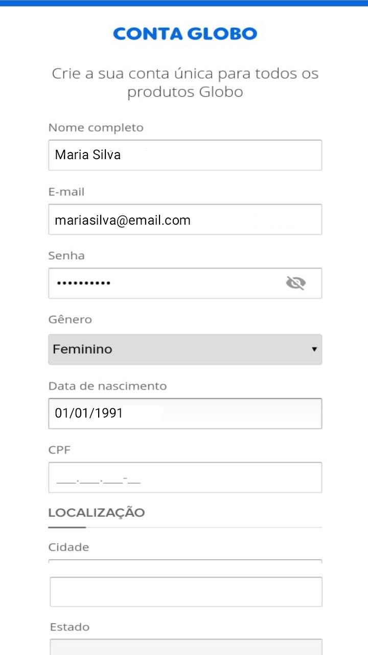 Captura de tela de login na conta Globo