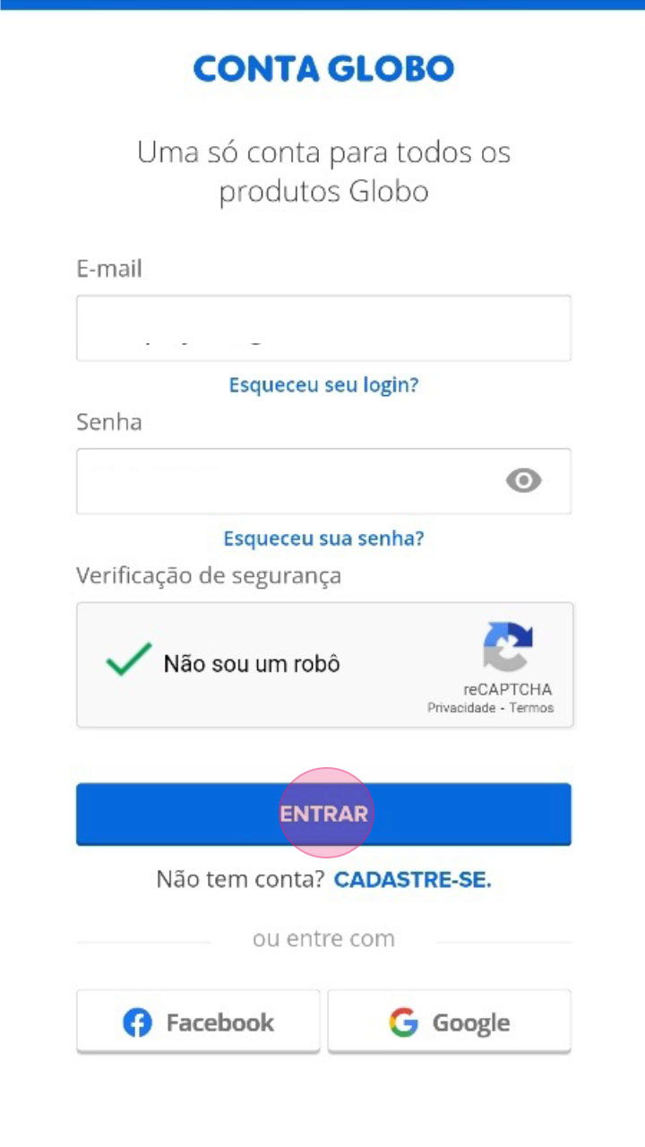 Captura de tela de login na conta Globo