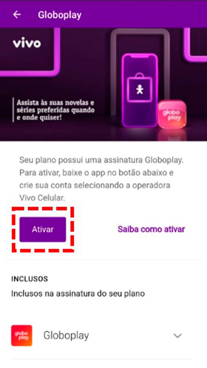 Captura de tela da seção Globoplay indicando clique no botão Ativar.