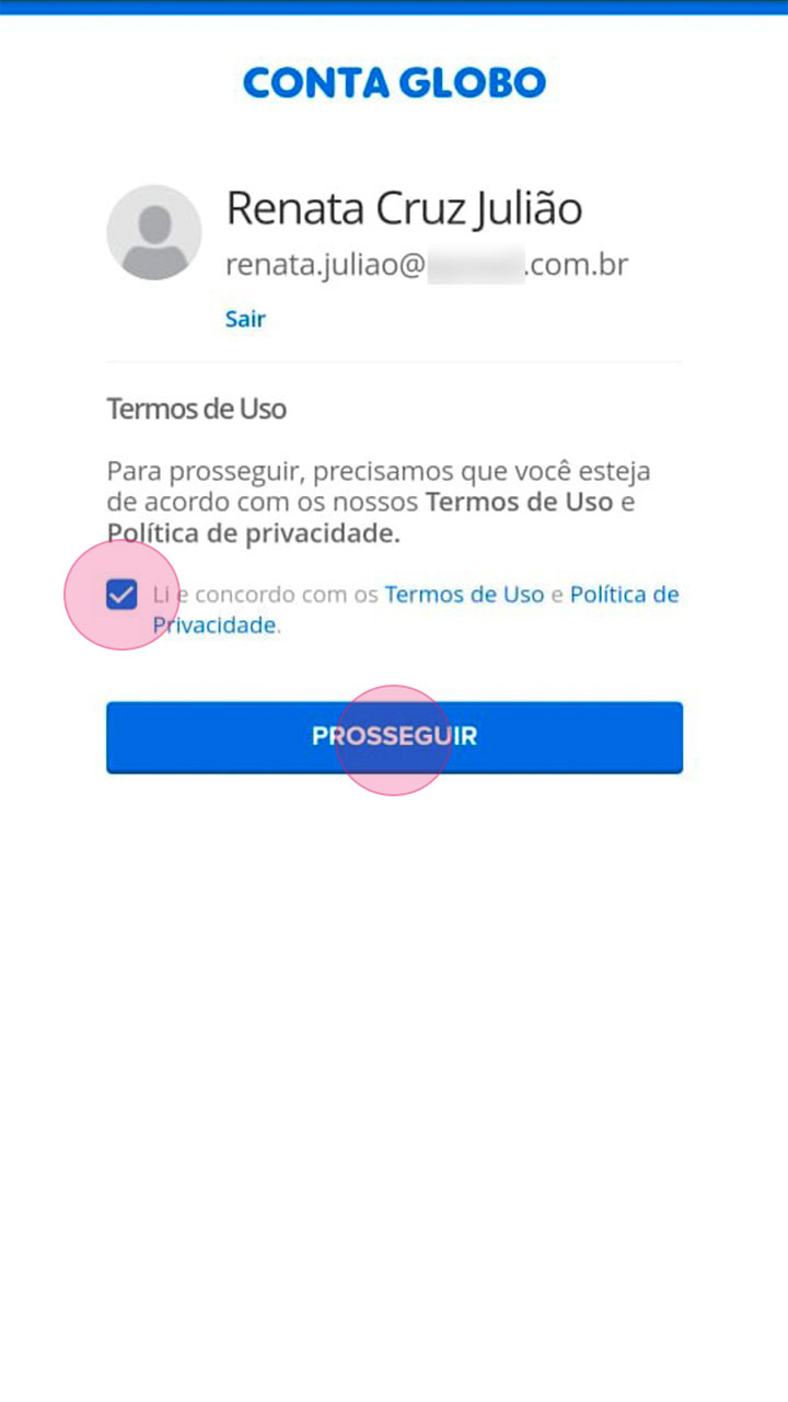 Captura de tela da Conta Globo, para aceite de termos