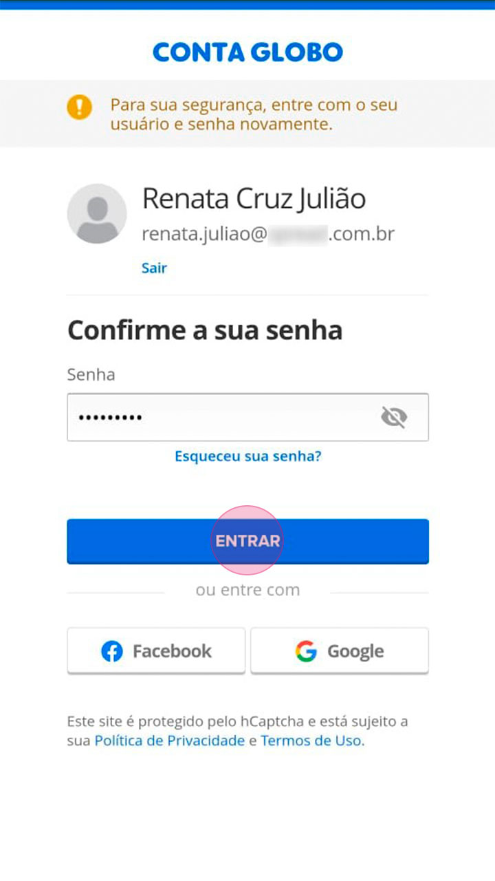 Captura de tela de login na conta Globo