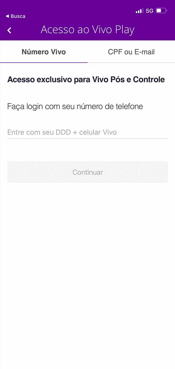 Captura de tela da parte de logon. Foco em inserir o número de telefone.