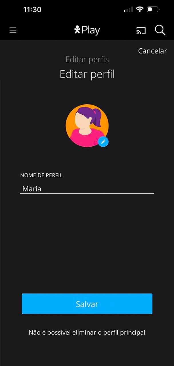 Captura de tela do aplicativo Vivo Play mostrando a escolha de avatar.