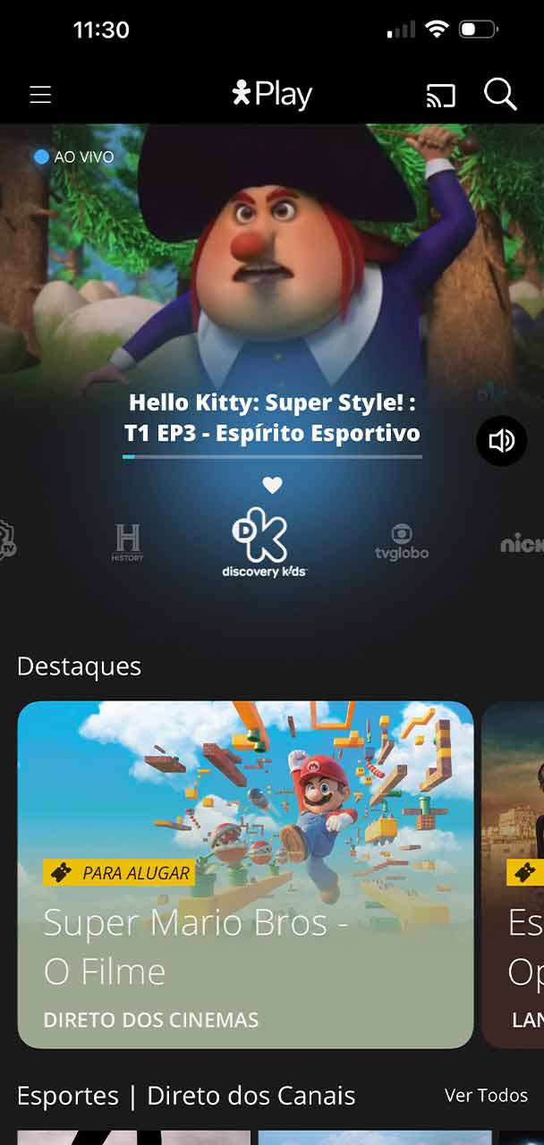Captura de tela da home do Vivo Play App.