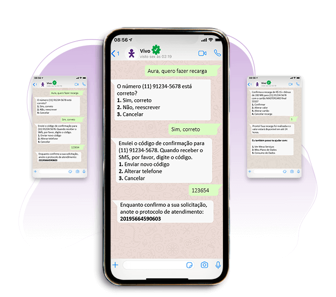 Imagem de um smartphone junto de telas de conversas com a Aura no WhatsApp.