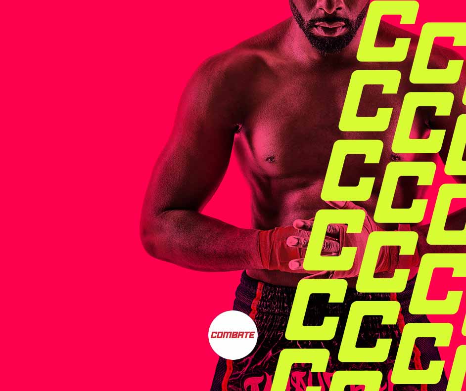 Imagem de um lutador de MMA. Logo do canal "Combate".
