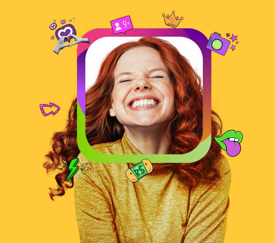 Imagem de uma menina sorrindo com uma moldura ilustrada ao redor do seu rosto.
