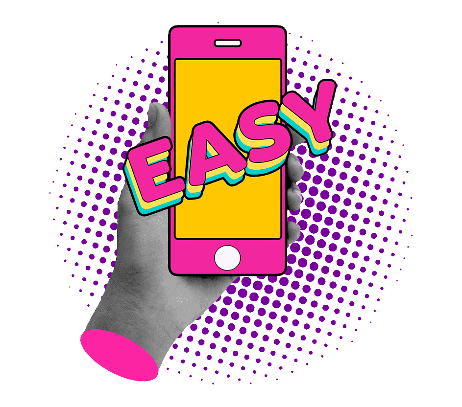 Ilustração de uma mão segurando um celular com a palavra Easy na tela