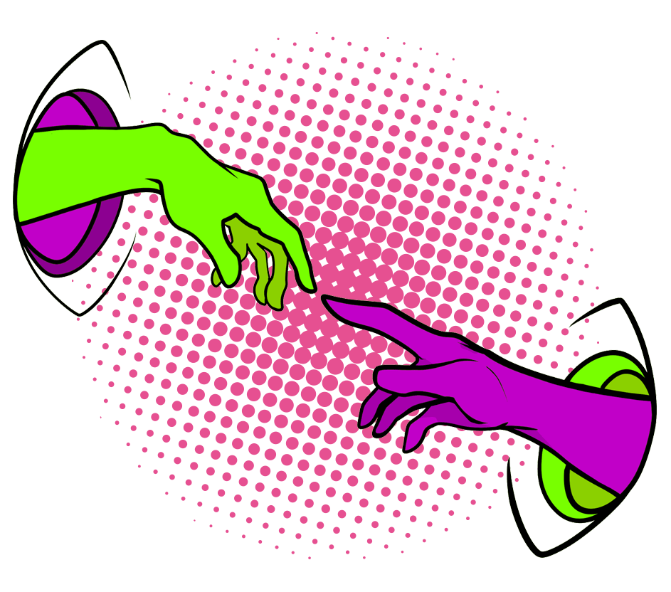 Ilustração de duas mãos quase tocando pelas pontas dos dedos indicadores