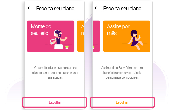 Tela com carrossel de seleção de planos.