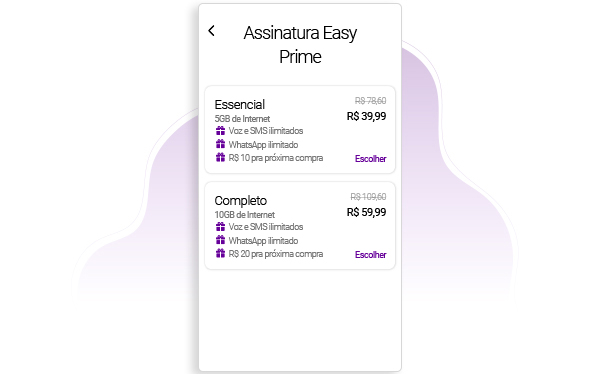 Tela com as apções de assinatura Easy Prime.