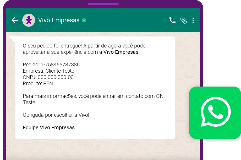 Ilustração de uma tela de celular com whatsapp aberto e uma mensagem do Vivo Empresas oficial.