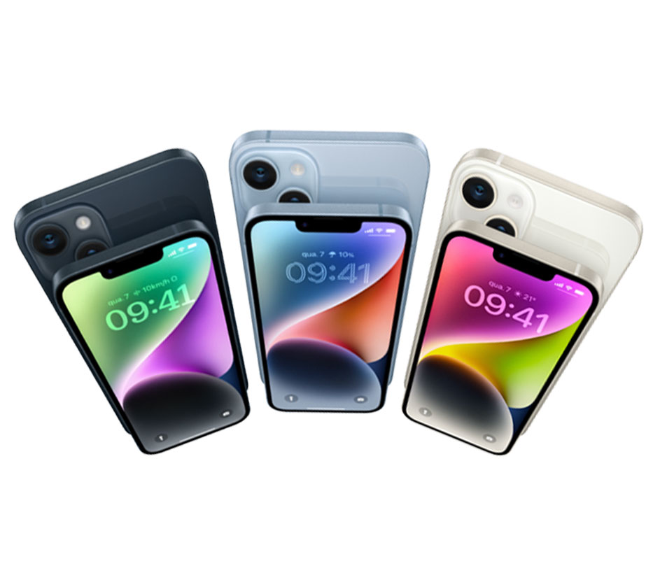 Imagem de 3 Iphones 14, nas cores: azul, meia-noite e estelar. 