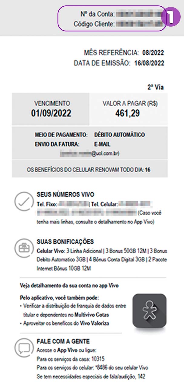 Número da sua conta e código do cliente.