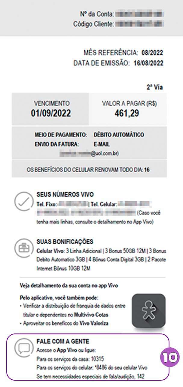 Corte de imagem da fatura Vivo com foco na seção Fale com a Gente.