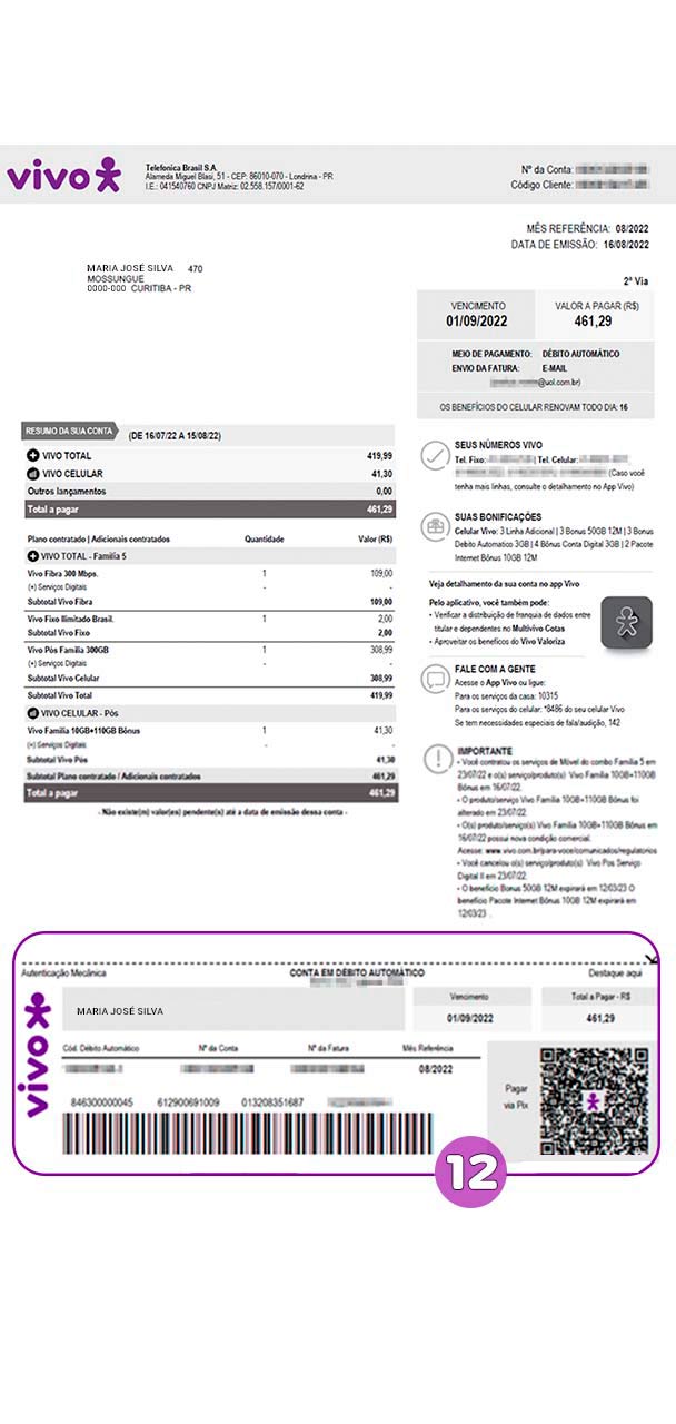 Fatura Vivo - código de barras ou o QR Code Pix para pagar a sua fatura Vivo