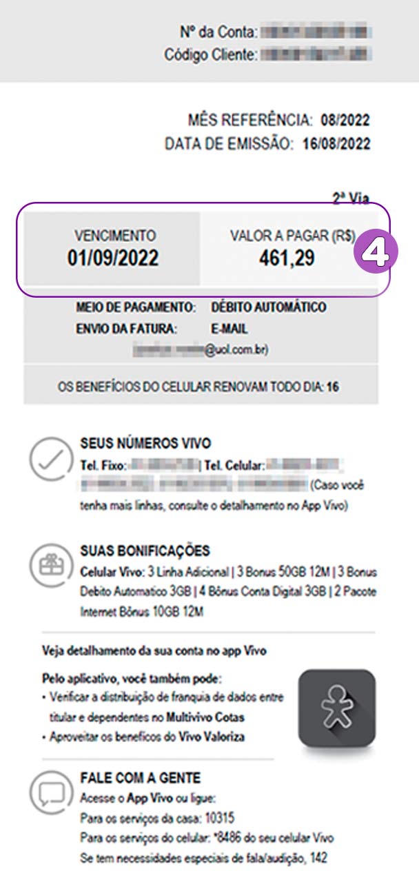 Corte de imagem da fatura Vivo com foco no vencimento e valor.