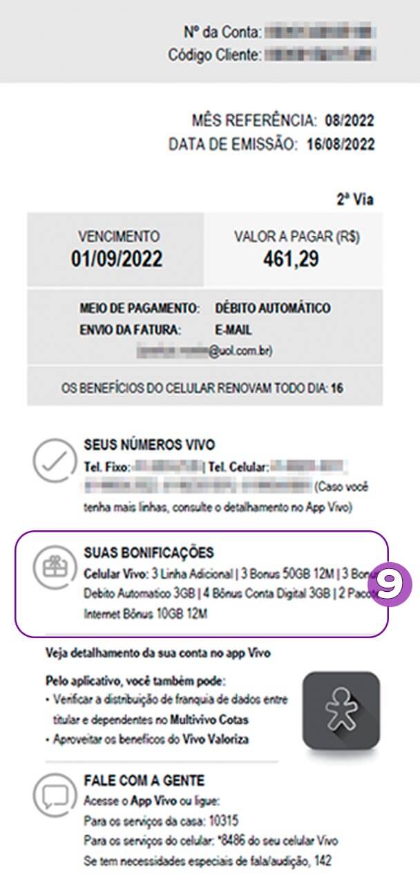 Corte de imagem da fatura Vivo com foco na seção Suas Bonificações.