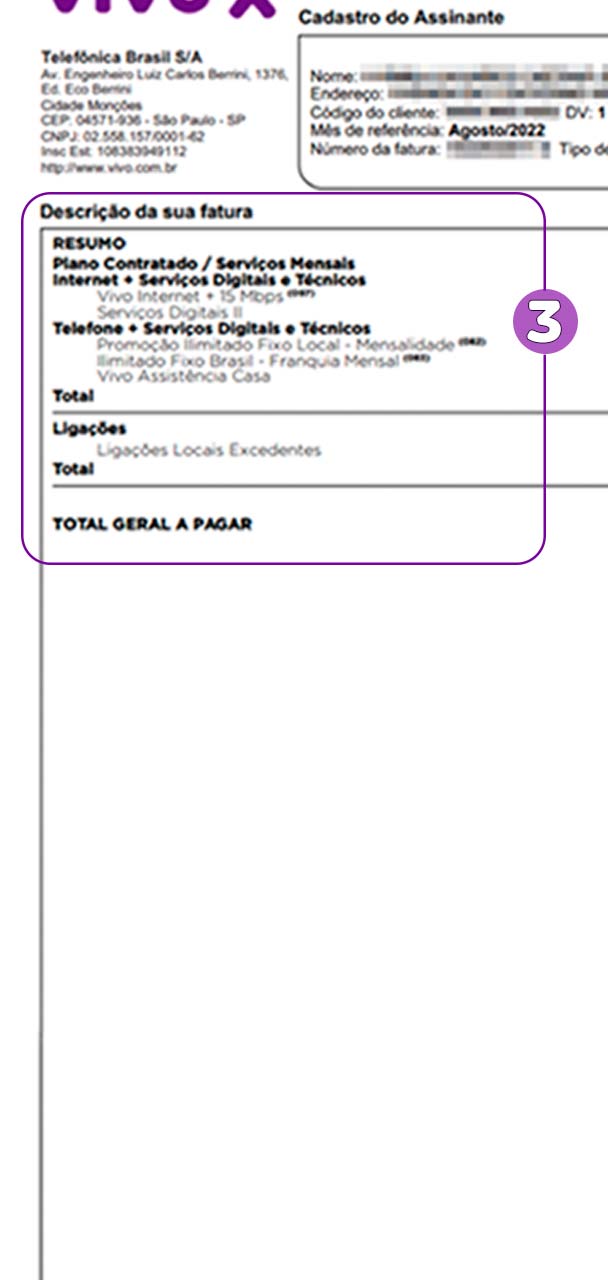 Corte de imagem da fatura Vivo com foco na seção Descrição da Sua Fatura.