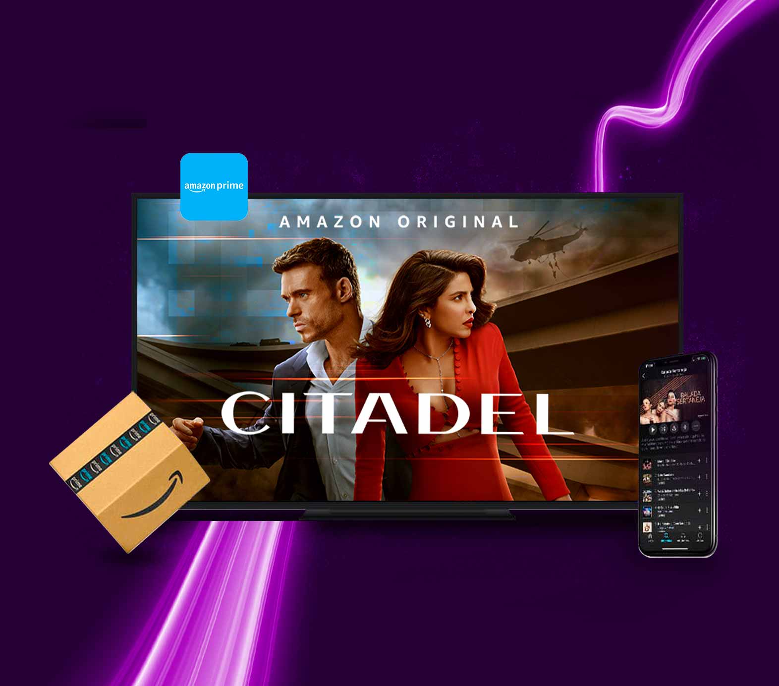 Imagem de uma caixa da Amazon, uma TV com imagem da série "Citadel" e um celular.