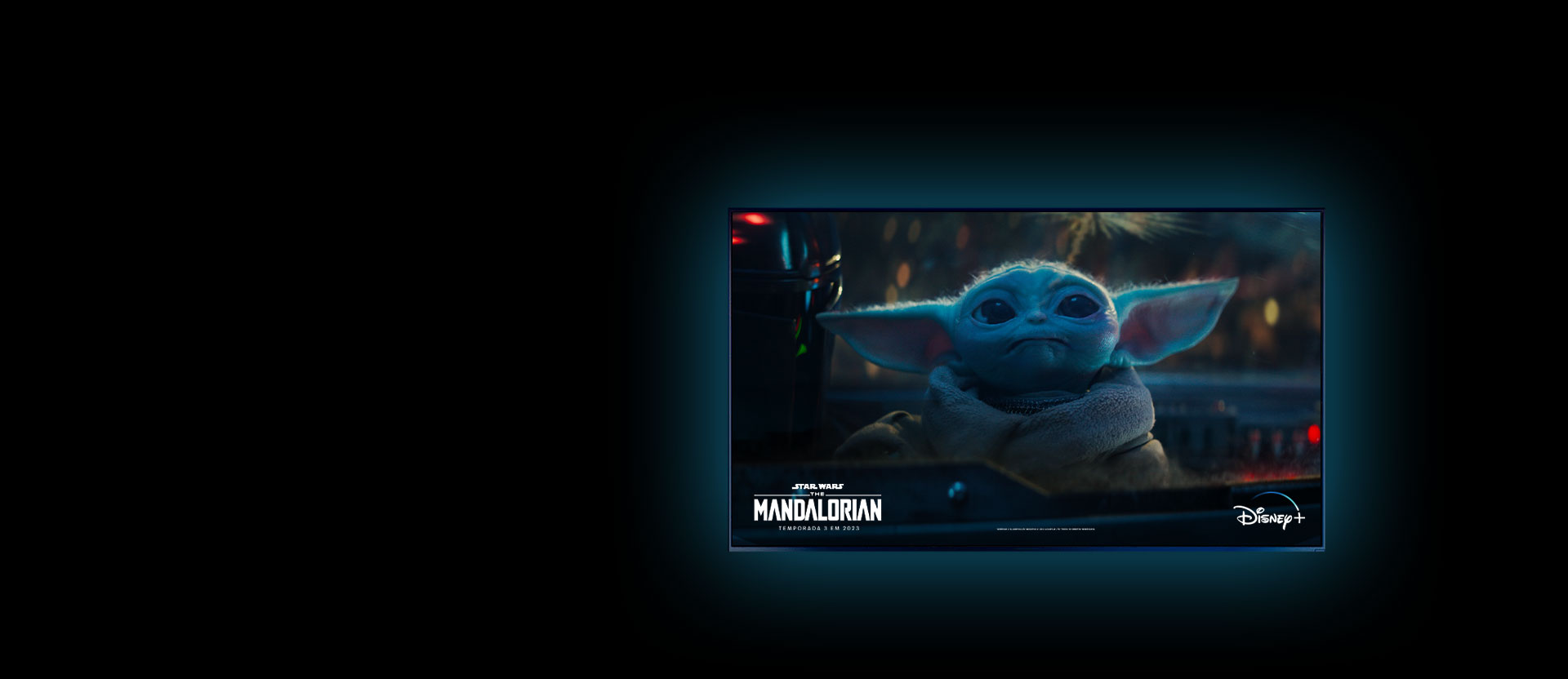 Imagem de uma televisão com um personagem da série The Mandalorian na tela.